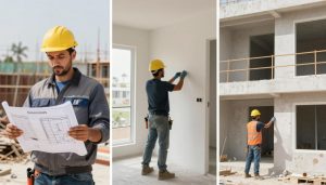 أنواع المقاولين - مقاول بناء ومقاول تشطيب ومقاول ترميم يعملون في مواقع مختلفة في الكويت