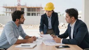 اجتماع بين عميل ومقاول في الكويت لمناقشة مشروع اجتماع بين عميل ومقاول في الكويت لمناقشة مشروع