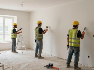 ترميم منزل في الكويت - عمال يقومون بإصلاح جدران وأرضيات - شركة ترميم الكويت