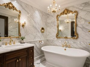 حمام بتصميم كلاسيكي فاخر مع رخام طبيعي وتجهيزات ذهبية