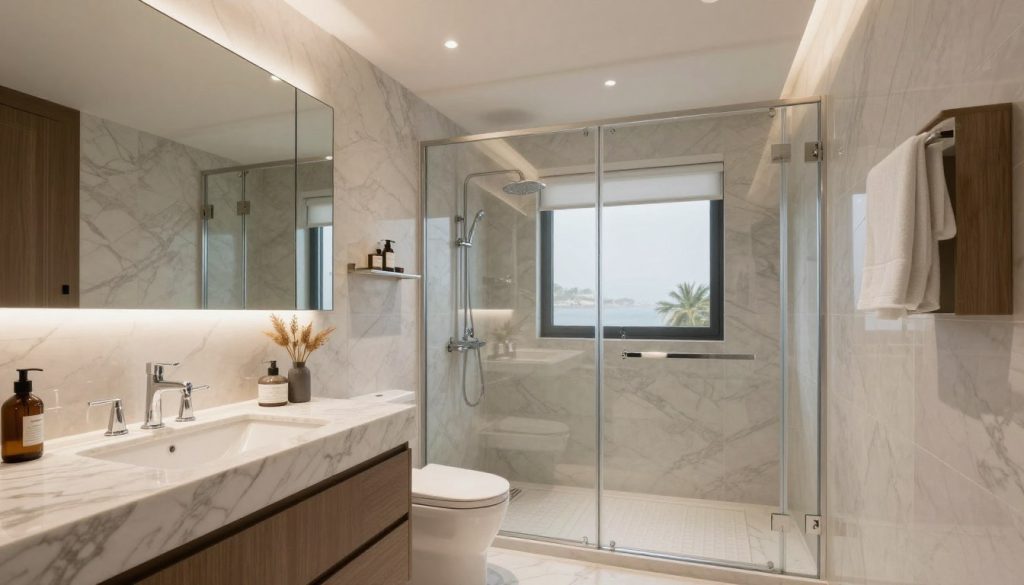 تجديد حمامات الكويت: دليلك الشامل للحصول على حمام عصري وأنيق 50104455 3 حمام عصري بعد التجديد مع إضاءة مميزة وتشطيبات فاخرة