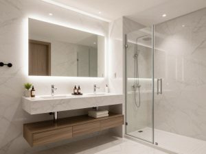 حمام مودرن بتصميم عصري في الكويت مع إضاءة LED وحوض معلق