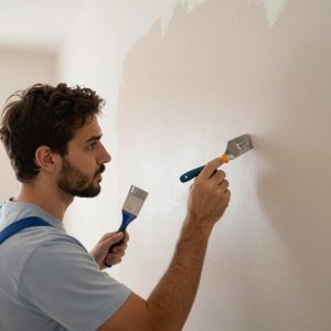 صباغ محترف يطبق دهان مطفي على جدار