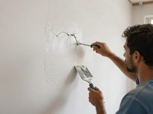 عامل يقوم بإصلاح وطلاء جدار متضرر في منزل كويتي عامل يقوم بإصلاح وطلاء جدار متضرر في منزل كويتي