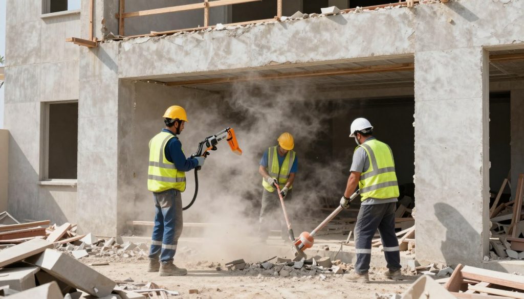 عمال يقومون بأعمال تكسير وهدم في مبنى بالكويت