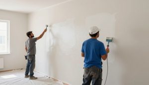 عمال يقومون بأعمال دهانات وتشطيبات في أحد المباني