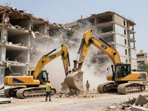 عملية هدم كلي لمبنى قديم في الكويت باستخدام معدات ثقيلة