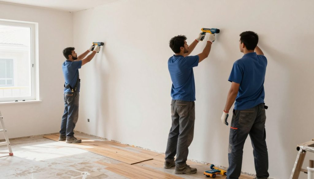 فريق عمل متخصص من شركة ترميمات عامة كيفان يقوم بأعمال ترميم في أحد المنازل