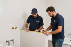 فريق عمل محترف من شركة لؤلؤة النجاح يقوم بتجديد حمام في الكويت