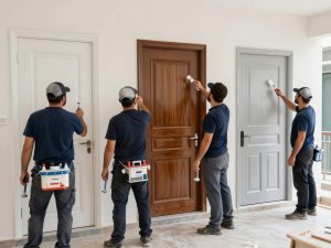 فريق عمل محترف يقوم بصبغ أبواب لاكر وناري بتقنيات متطورة