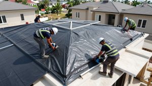 فريق متخصص يقوم بتركيب عازل جيتاروف وطربال حرير سعودي