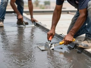 فريق متخصص يقوم بتطبيق عازل أسطح جيتاروف 50104455 على سطح مبنى في الكويت