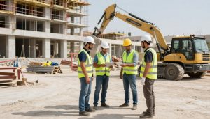 فريق مقاول بناء محترف يعمل في موقع بناء في الكويت