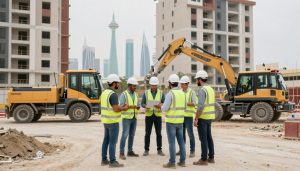 فريق مقاولات عامة يعمل في موقع بناء في الكويت مع معدات حديثة