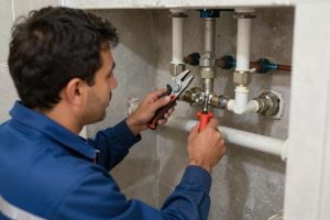 فني سباكة يقوم بإصلاح أنظمة المياه والصرف الصحي