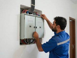 فني كهرباء يقوم بترميم شبكة كهربائية في منزل بسعد العبدالله