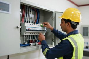 فني كهرباء يقوم بصيانة الأنظمة الكهربائية في أحد المباني