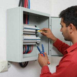 فني كهرباء يقوم بصيانة نظام كهربائي في منزل كويتي فني كهرباء يقوم بصيانة نظام كهربائي في منزل كويتي
