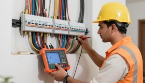 فني كهربائي محترف يقوم بفحص نظام كهربائي منزلي بأدوات متطورة