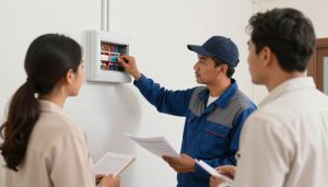 فني كهربائي يشرح لعميل عن خدمات الكهرباء المنزلية في الكويت