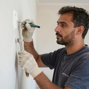 فني متخصص في معالجة الخرّير يقوم بإصلاح جدار