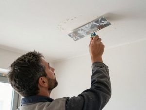 فني متخصص يقوم بمعالجة الخرّير في سقف منزل كويتي