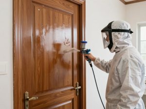فني يقوم بتطبيق دهان لاكر على باب خشبي باستخدام تقنية صبغ أبواب لاكر وناري