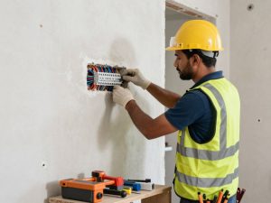 فني يقوم بتمديد أسلاك كهربائية في منزل جديد ضمن خدمات الكهرباء المنزلية