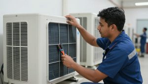 فني يقوم بصيانة نظام تكييف مركزي في مبنى تجاري