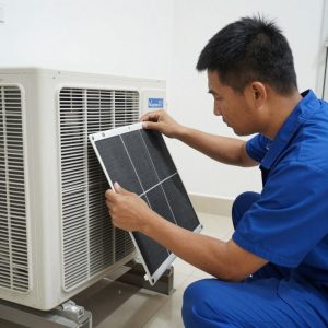 فني يقوم بفحص وصيانة وقائية لنظام تكييف في منزل كويتي فني يقوم بفحص وصيانة وقائية لنظام تكييف في منزل كويتي