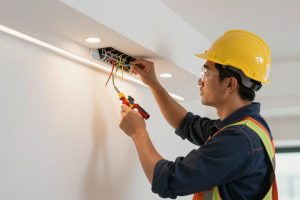 كهربائي محترف يعمل على تركيب نظام إضاءة ضمن مشروع ديكور وكهرباء