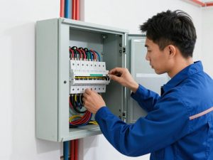 كهربائي منازل يعمل على تركيب لوحة كهرباء ضمن مشروع ديكور وكهرباء