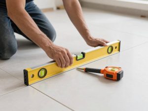 معلم تركيب سيراميك يستخدم أدوات متطورة لقياس استواء البلاط