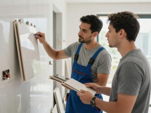 معلم تركيب سيراميك يشرح للعميل تفاصيل العمل ويقدم استشارة مهنية
