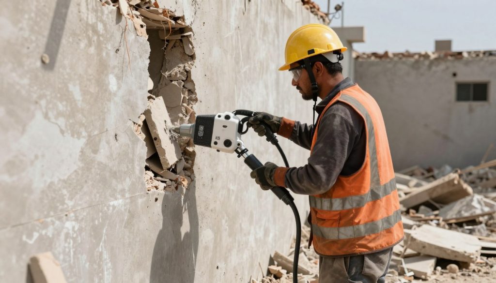 معلم تكسير يستخدم معدات حديثة في عملية هدم جدار