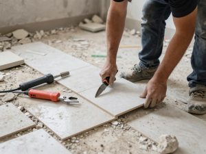 معلم تكسير يقوم بإزالة بلاط قديم في منزل بالكويت