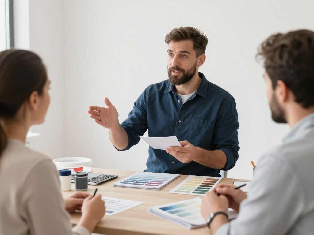 معلم صبغ داخلي وخارجي يجيب على استفسارات العملاء