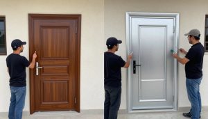 مقارنة بين باب خشبي وباب ألمنيوم مطليين بتقنيات صبغ أبواب لاكر وناري