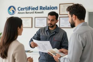 مقاول ترميمات معتمد يناقش خطة ترميم مع عميل في الكويت