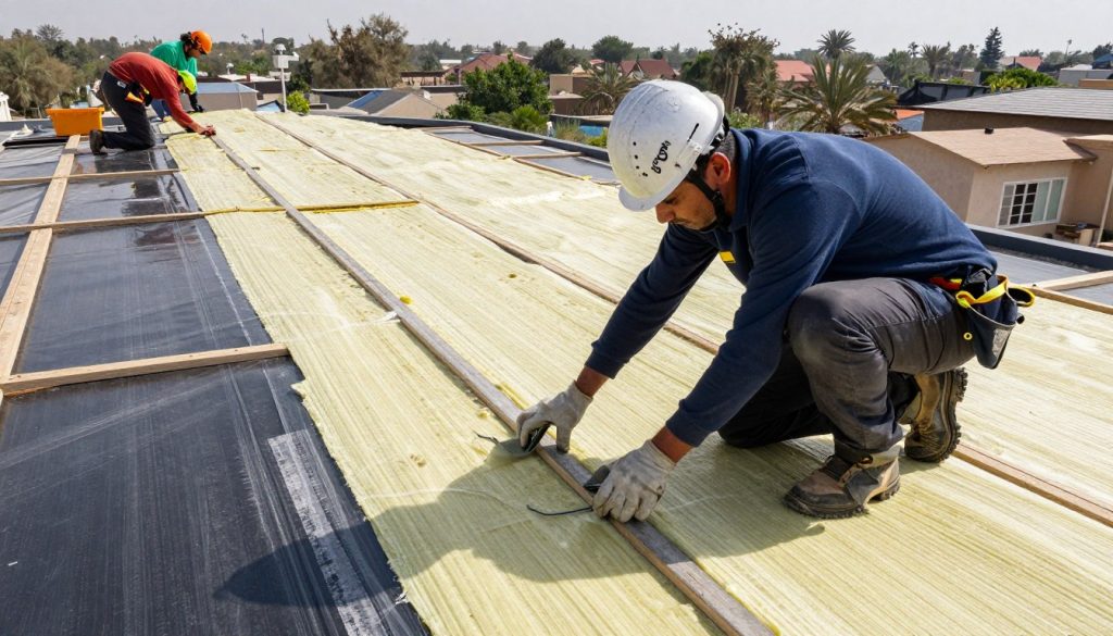 مقاول عازل اسطح يقوم بتركيب طبقات العزل على سطح منزل في الكويت