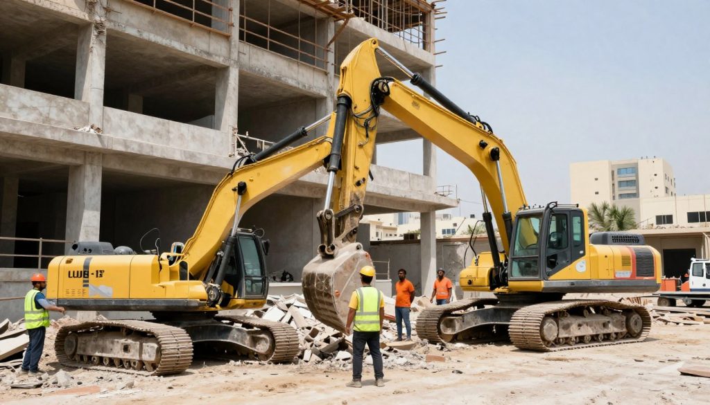 مقاول هدم يستخدم معدات متطورة لهدم مبنى في الكويت