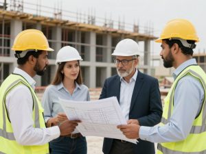 مهندس إنشائي يقدم استشارة في موقع بناء في الكويت