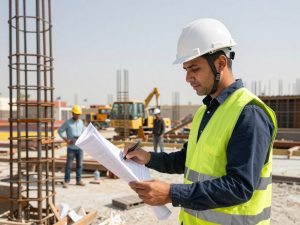 مهندس بناء يشرف على تنفيذ هيكل إنشائي في الكويت