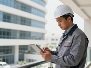 مهندس صيانة يقوم بفحص وتوثيق حالة المبنى