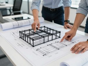 مهندسون يراجعون المخططات الهندسية للهيكل الأسود على طاولة تصميم