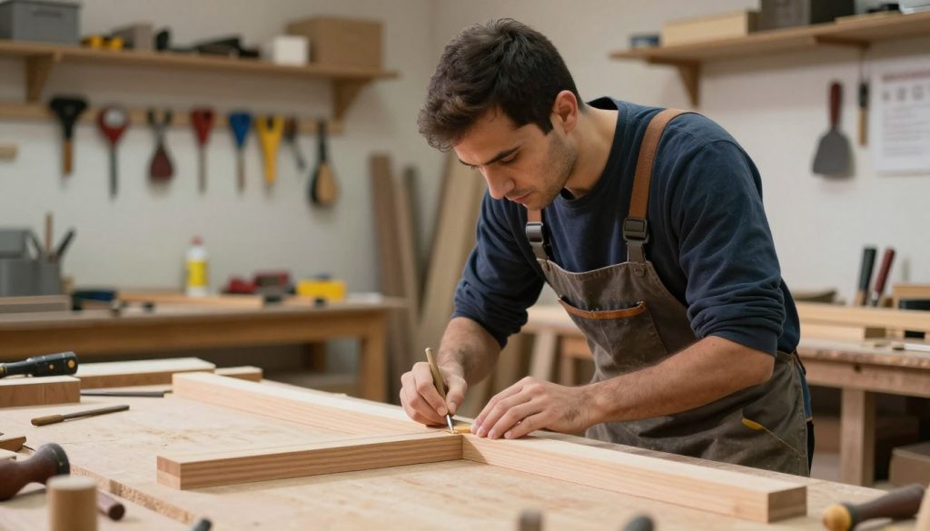 نجار محترف يعمل على قطعة خشبية في ورشة نجارة مجهزة بالكامل في الكويت