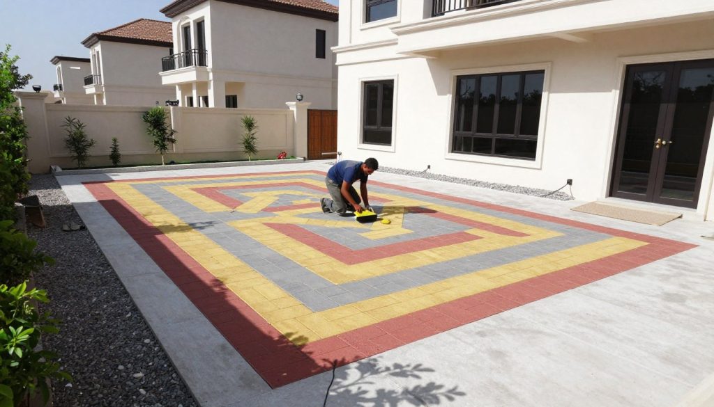 تركيب بلاط متداخل في حديقة منزل كويتي