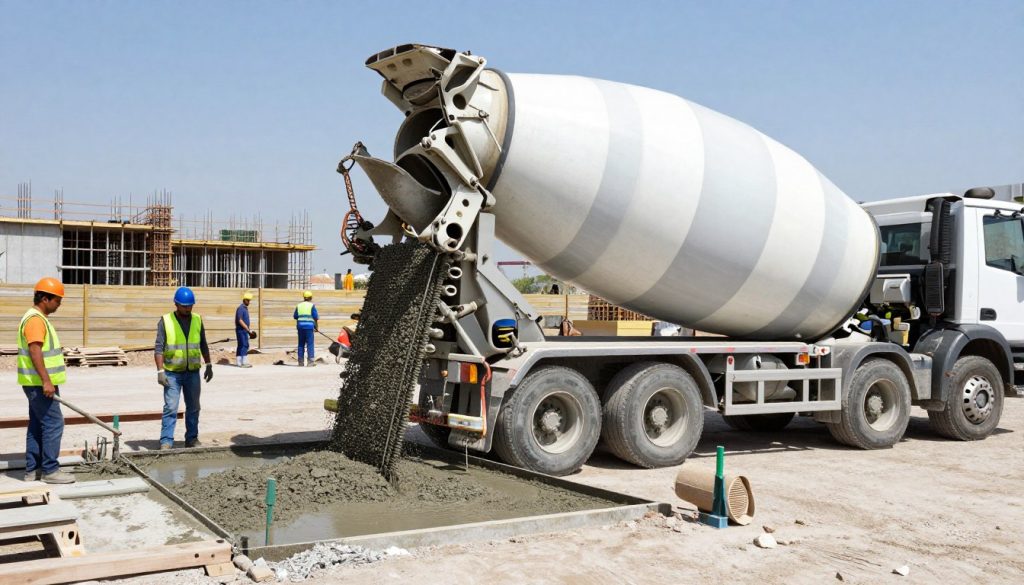 صب خرسانة الكويت - عملية صب خرسانة احترافية في موقع بناء كويتي