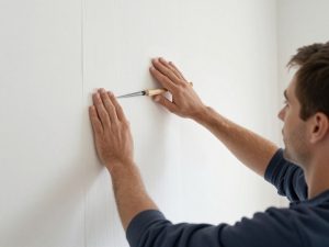 صباغ محترف يقوم بتركيب ورق جدران بدقة عالية