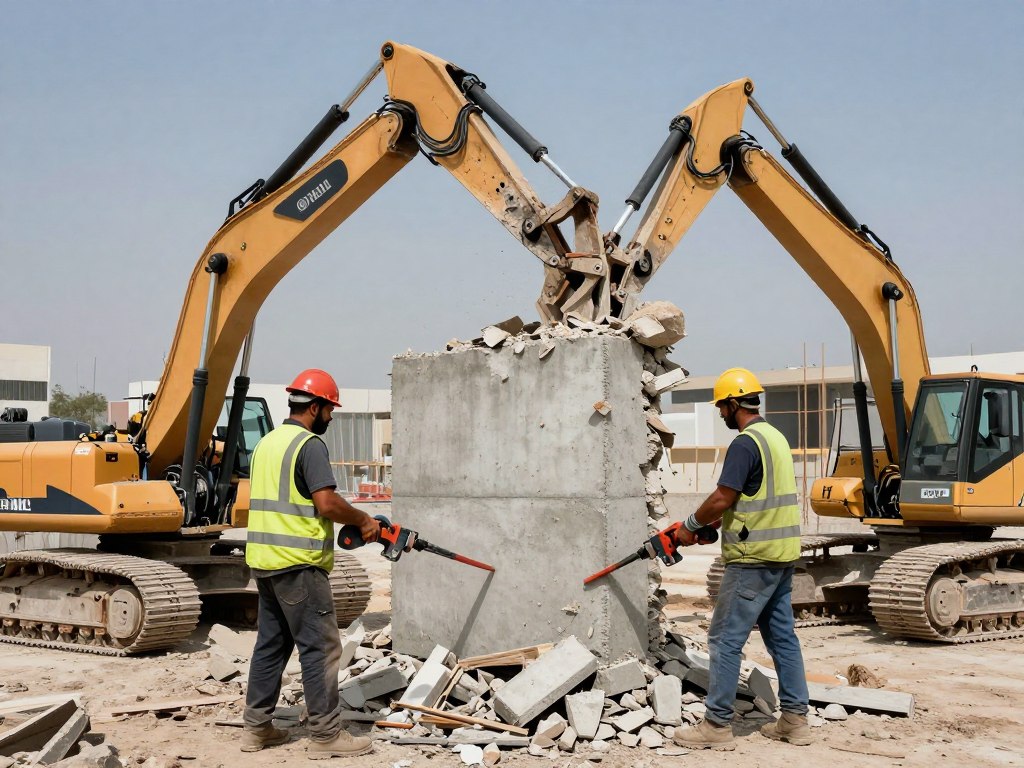 عمال تكسير طوفه يستخدمون معدات حديثة لإزالة جدار خرساني